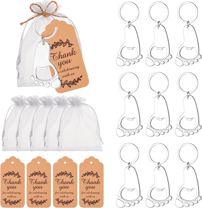 KaGrbves 50 Pieces Footprint Bottle Opener Baby Shower Favors for Guest with Keychain and Organza Bags Tags (silver) - Image 1